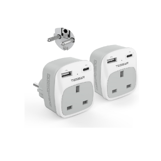 Picture of TESSAN UK to EU Plug Adapter 2 Pack, Schuko Grounded Euro Adaptor with 2 USB Ports (1 USB-C), Travel Adapter Europe