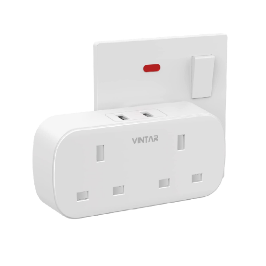 Picture of VINTAR Double Plug Adapter with 2 USB Ports, 2-Way Extension Socket, 13A UK 3-Pin Power Wall Charger, White, 1 Pack
