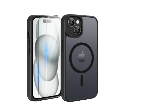 Picture of Magnetic iPhone 15 Case with 2 Screen Protectors MagSafe Compatible Military Grade Translucent Matte Cover Black